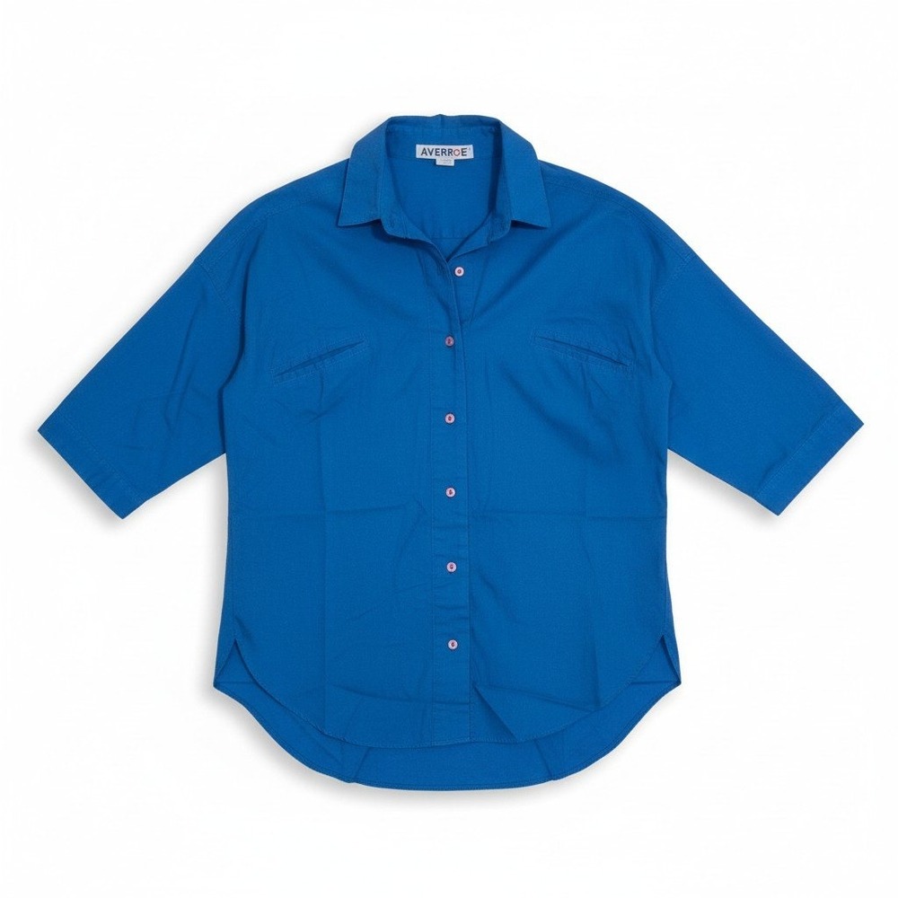 Averroe Blue Button Down Shirt 3/4 Sleeve High Low Hem, Woman's Small RN 40787